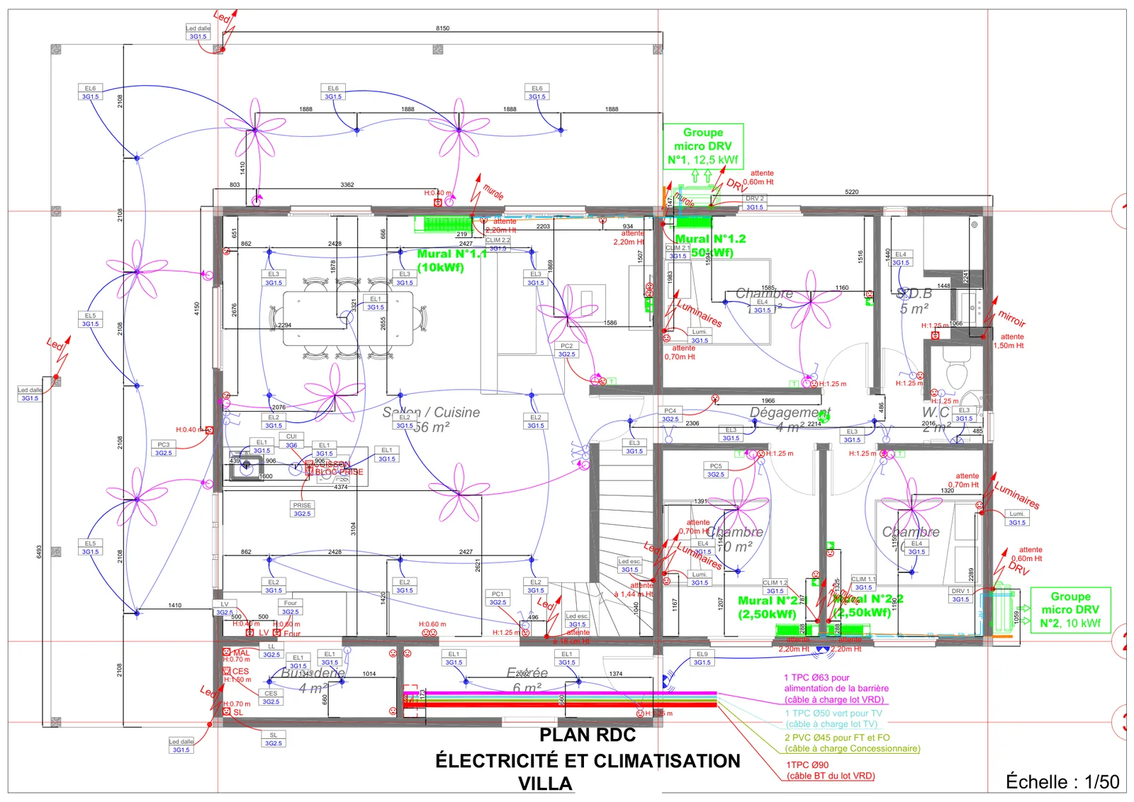 Plan d'exécution électricité et climatisation d'une villa en Guyane, extrait anonymisé, échelle 1/50